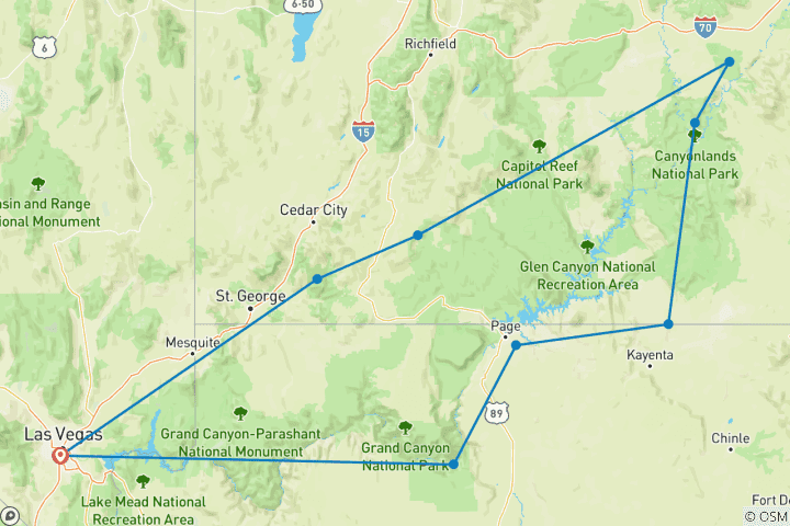 Mapa de Circuito de 7 días por los parques nacionales del suroeste y el Gran Cañón