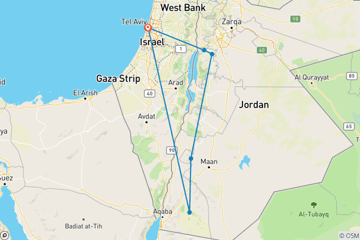Mapa de Circuito de 3 días a Petra y Wadi Rum desde Tel Aviv