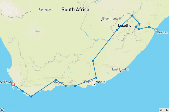 Carte du circuit 12 jours Durban, Lesotho et; Le Cap - Camping