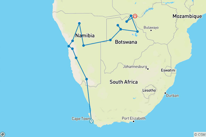 Map of 19-day Cape Town to Victoria Falls (Accommodated)