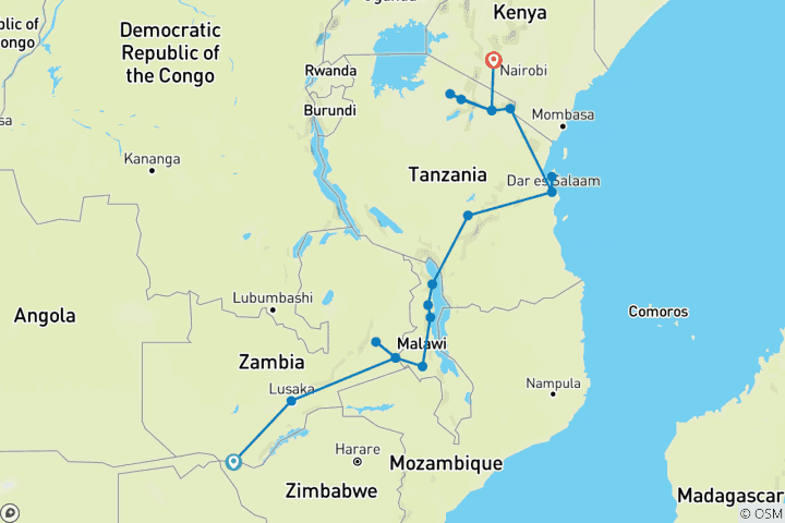 Map of 21-day Victoria Falls to Serengeti (Accommodated)