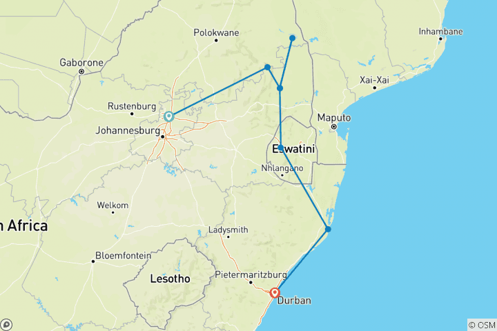 Map of 7-day Kruger, Eswatini & Durban (Camping)