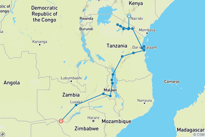 Map of 21-day Serengeti to Victoria Falls (Camping)