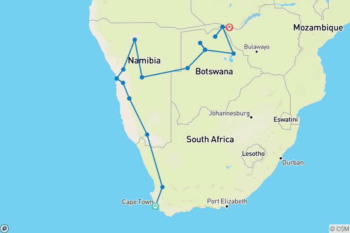 Map of 19-day Cape Town to Victoria Falls (Camping)