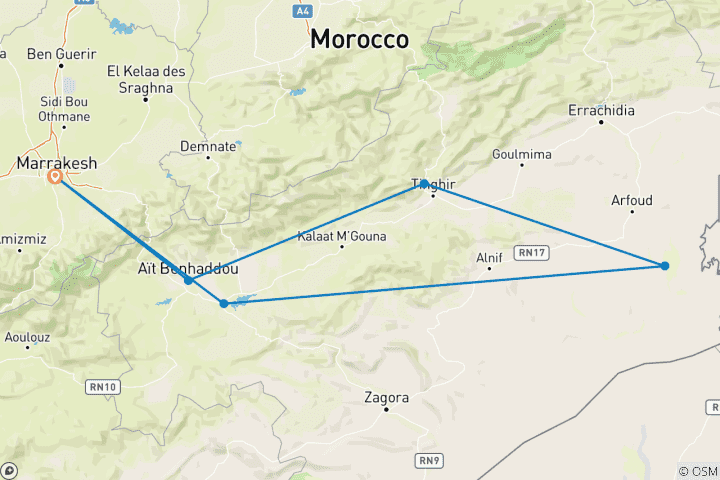 Kaart van Marrakech & Sahara rondreis voor tieners - 8 Dagen