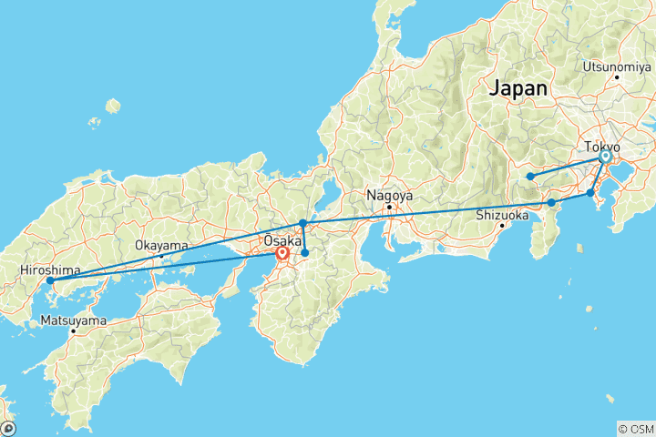 Map of 13-Day Japan Tour: Tokyo, Mount Fuji, Kyoto, Nara, Osaka & Beyond