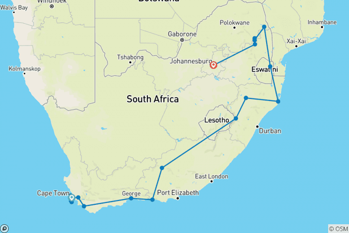 Carte du circuit Du Cap à Johannesburg