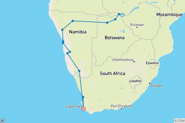 Map of Victoria Falls to Cape Town - Camping