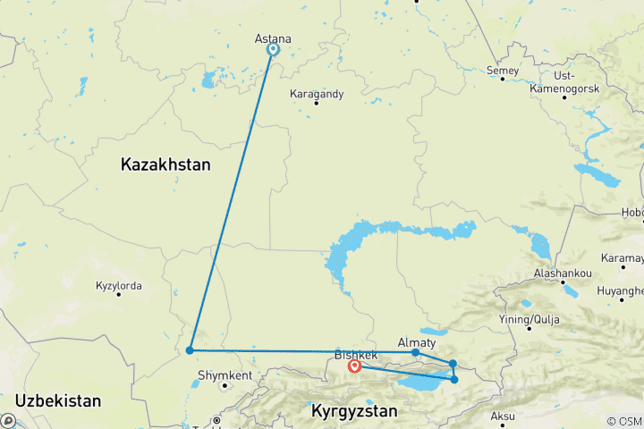 Carte du circuit Aventure au Kazakhstan et au Kirghizstan