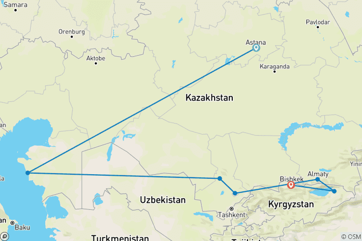 Kaart van Avontuurlijke reis door Kazachstan & Kirgizië