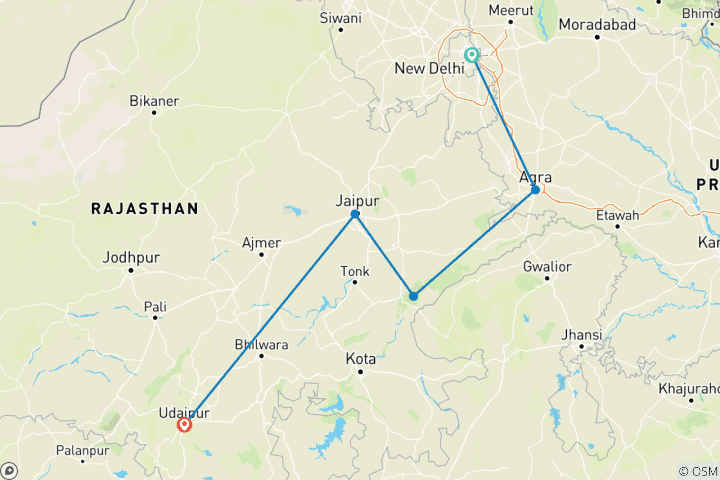 Mapa de Viaje al triángulo de oro de la India con Udaipur y safari por la naturaleza