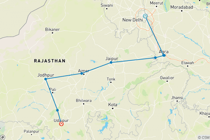 Map of Royal Tour of India(Golden Triangle with Rajasthan)