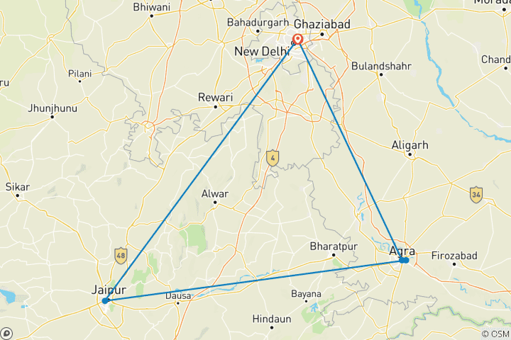 Map of India's Top Selling Golden Triangle India Tour w/ Meals and Sunrise Taj Mahal