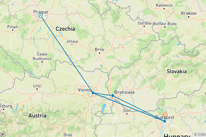Carte du circuit Prague, Vienne et Budapest (tout l'été et à partir des 26/27 de l'hiver)