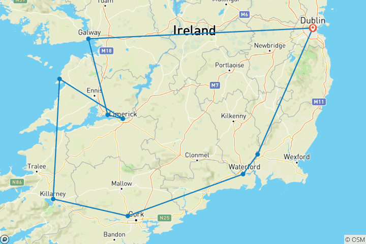 Kaart van Hoogtepunten van Ierland - zomer - 7 dagen