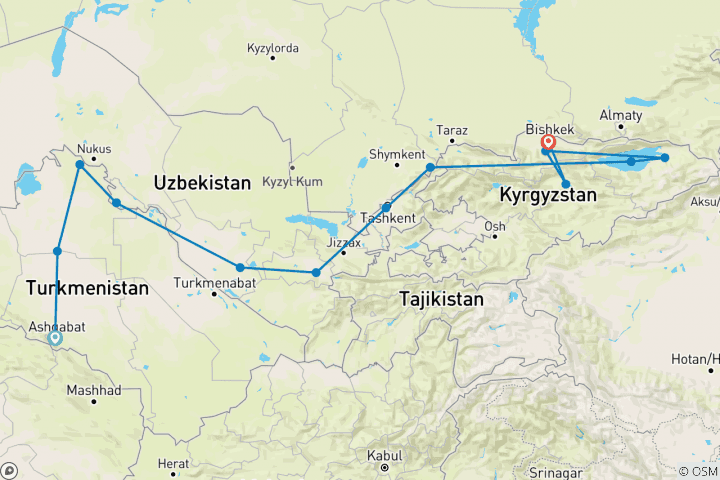 Kaart van Ashgabat naar Bishkek (46 dagen) Hoogtepunten Zijderoute
