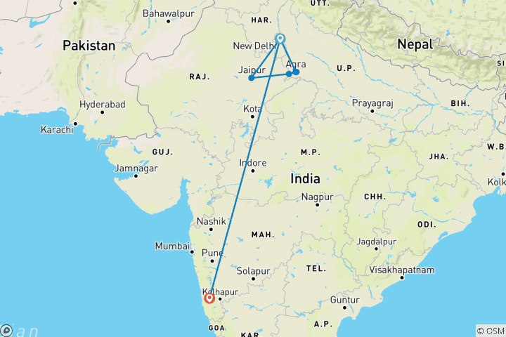 Carte du circuit Triangle d'or avec Goa et ses plages