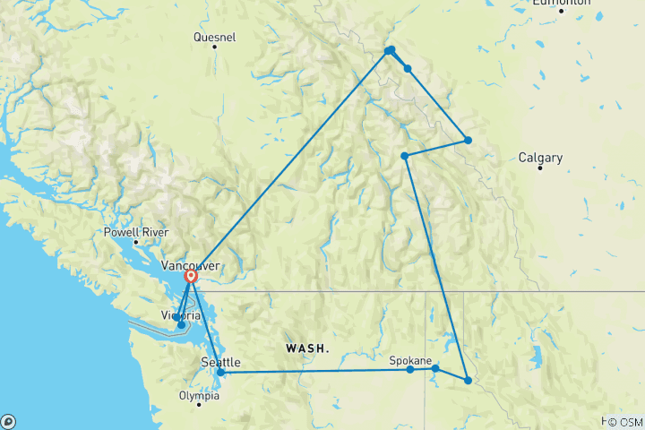 Carte du circuit Rocheuses canadiennes et côte pacifique - petits groupes, fin à Vancouver, 14 jours