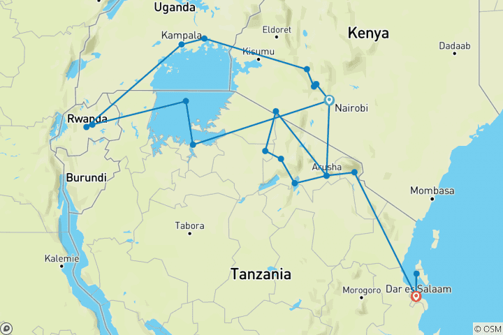 Map of Nairobi To Dar Es Salaam (33 Days)