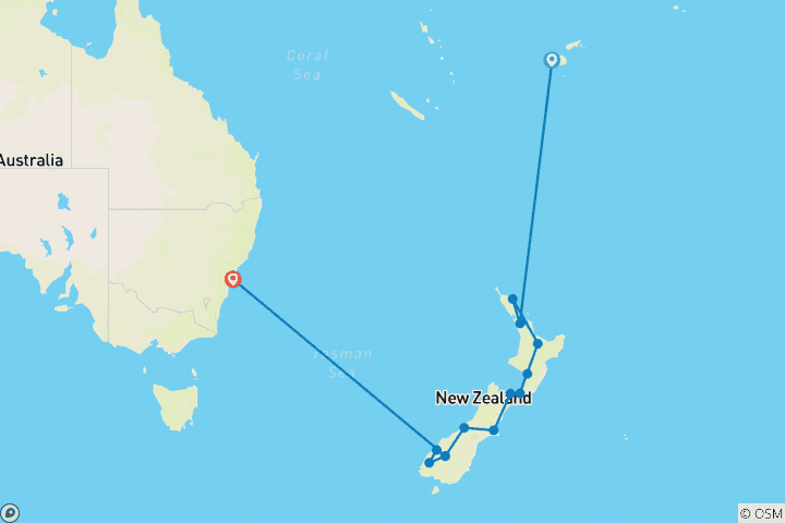 Carte du circuit Le meilleur de la Nouvelle- Zélande avec Fidji et Sydney