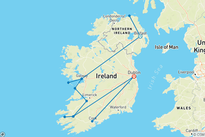 Map of Northern & Southern Ireland (14 destinations)