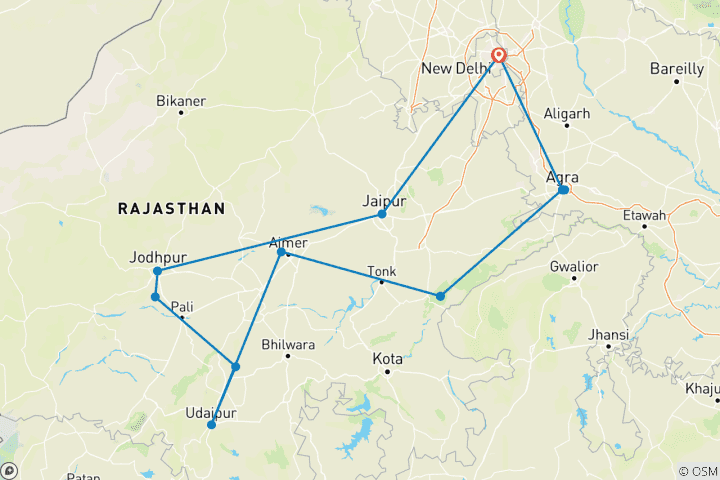 Carte du circuit Taj Mahal et faune sauvage avec séjour royal dans des châteaux