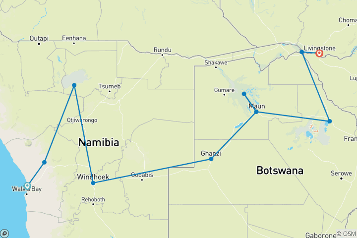 Map of 12-day Etosha & Okavango Delta Express (Accommodated)