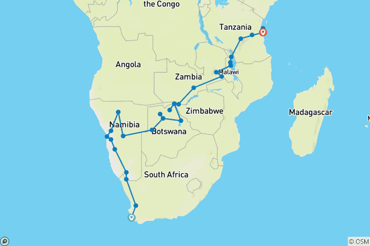 Carte du circuit 35 jours du Cap à Zanzibar - avec hébergement