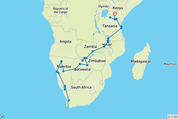 Kaart van Reis van Kaapstad naar Kenia – incl. accommodatie – 41 dagen