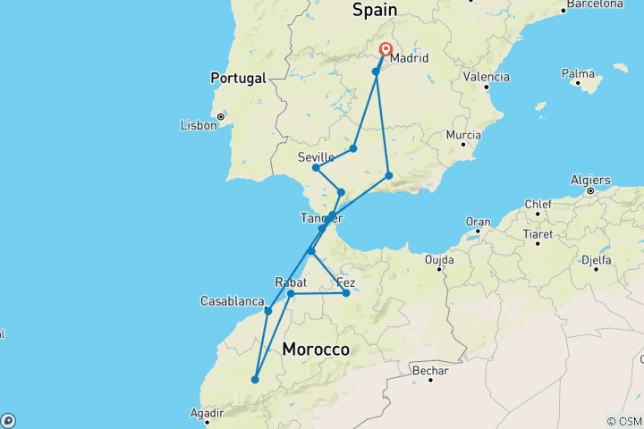 Mapa de Viaje de 12 días a Andalucía y Marruecos desde Madrid