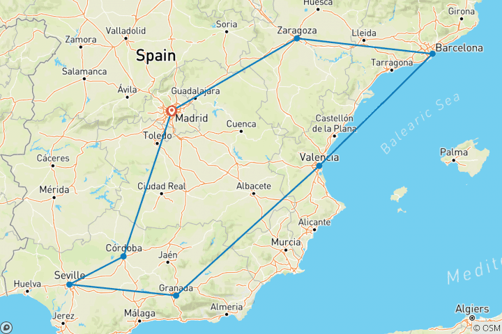 Carte du circuit Circuit de 7 jours en Andalousie, sur la côte méditerranéenne et à Barcelone depuis Madrid