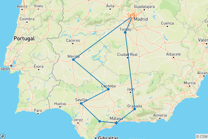Map of 6-Day Tour to Andalusia with Córdoba and Costa del Sol from Madrid