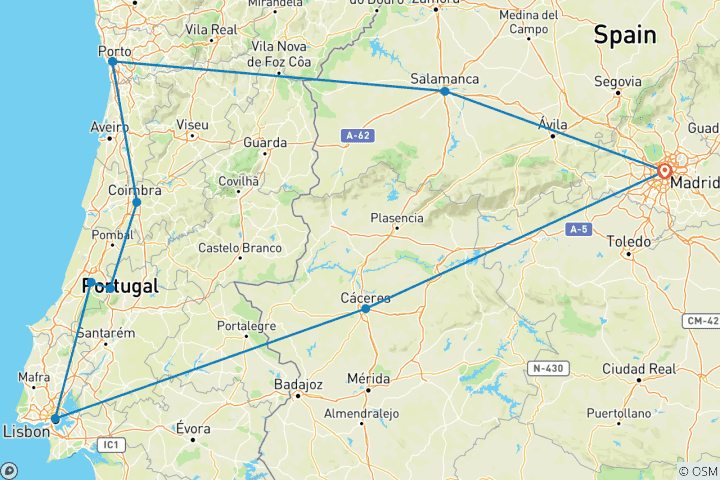 Mapa de Circuito de 6 días a Lisboa y Oporto incluyendo Fátima desde Madrid