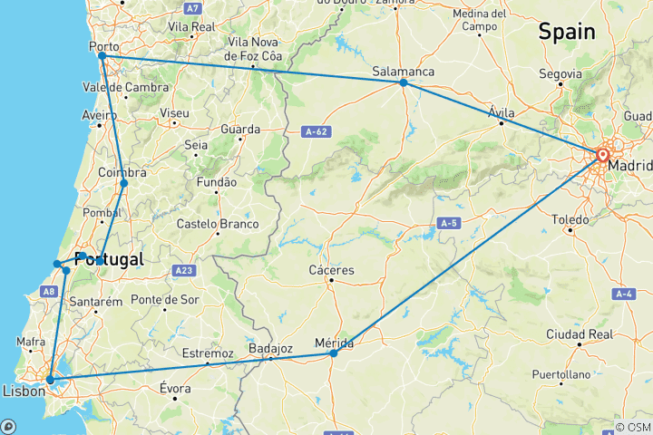 Kaart van Rondreis naar Lissabon & Porto – incl. Fatima – vanuit Madrid – 6 dagen