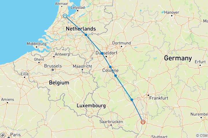 Carte du circuit Nouvel an en Hollande et sur le Rhin romantique