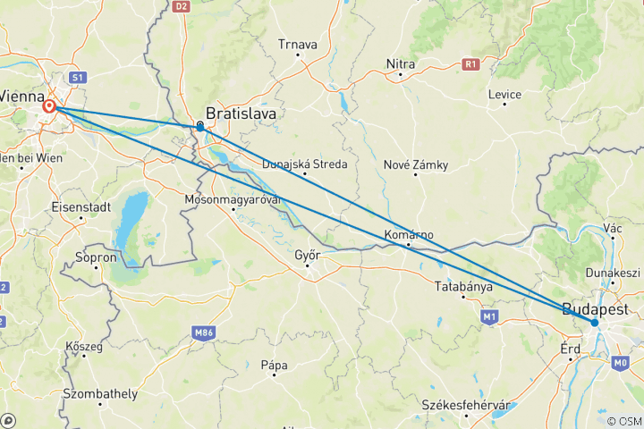 Mapa de Año Nuevo en el Danubio: Viena, Budapest y Bratislava - crucero puerto a puerto