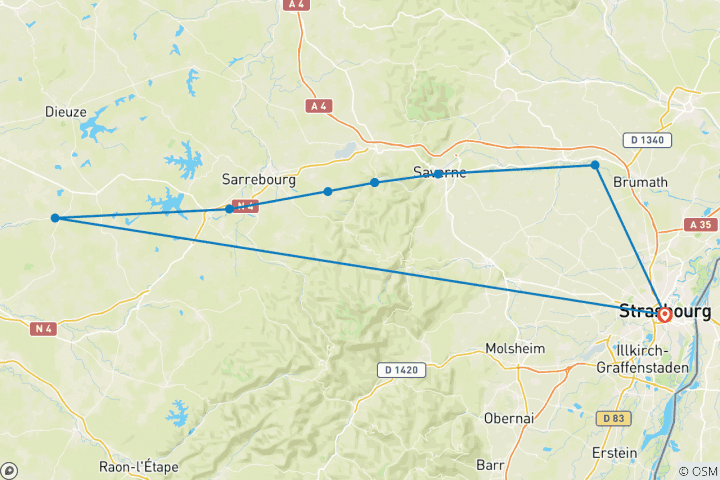 Carte du circuit Une croisière de charme à travers la Lorraine et l'Alsace et le long du canal de la Marne au Rhin (croisière de port à port)