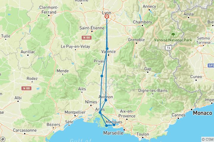 Mapa de Un viaje para admirar los bellos paisajes del valle del Ródano (crucero puerto a puerto) (9 destinos) (7 destinations)