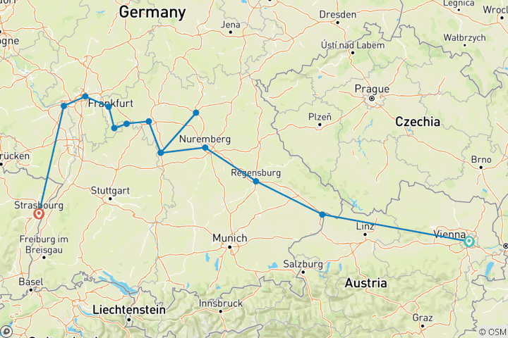 Map of Along the Danube and the Rhine - Following the Romantic Road (port-to-port cruise)