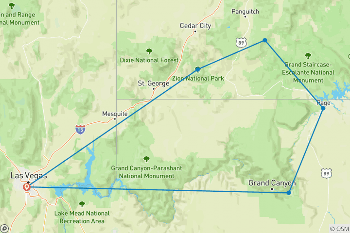 Carte du circuit Incroyable expérience des Canyons de l'Ouest 3D/2N - de Las Vegas