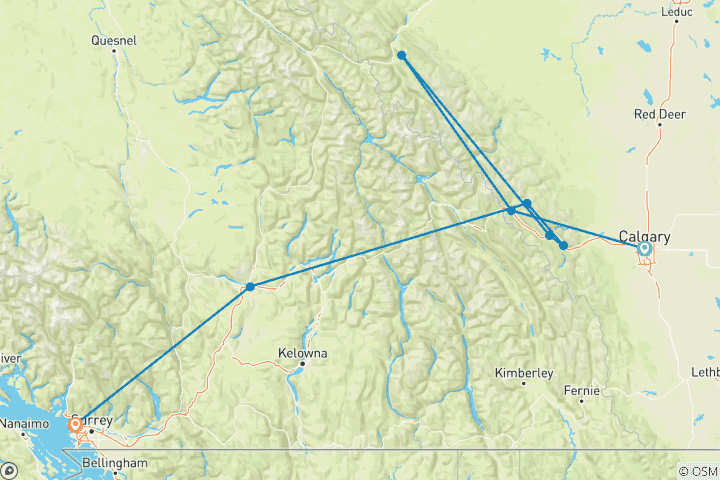 Mapa de Montañas Rocosas de Canadá - base, 8 días (8 destinations)