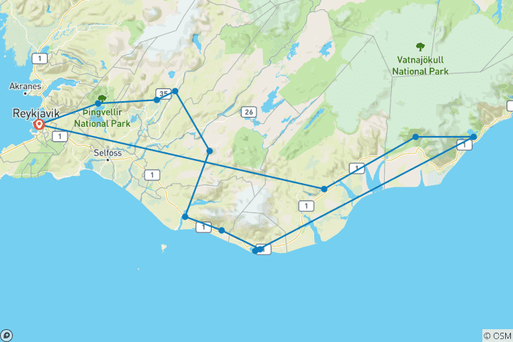 Mapa de 3 días en el Círculo Dorado, Costa Sur, la laguna de Jökulsárlón y la cueva de hielo