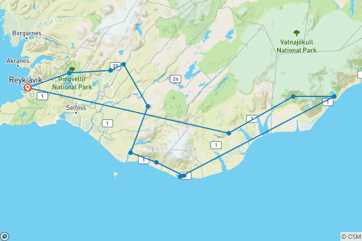 Carte du circuit 3 jours - Cercle d'or, côte sud, Jökulsárlón et grotte de glace