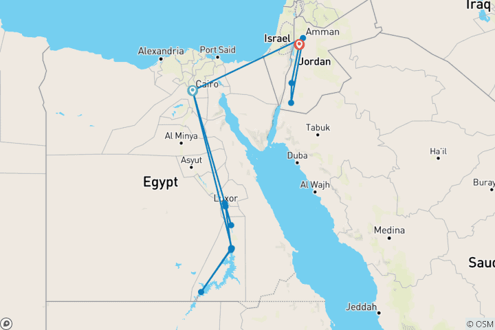 Carte du circuit L'Égypte et la Jordanie réelles (from Le Caire to Madaba)