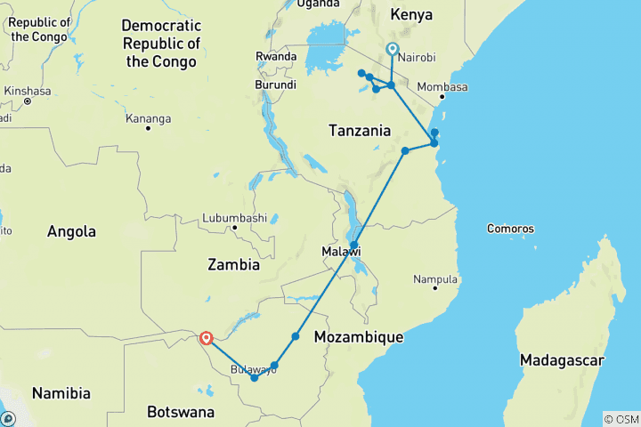 Map of Nairobi To Victoria Falls (34 Days)