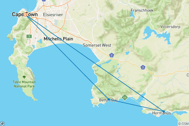 Map of 2 day Botlierskop Garden Route Glamping and Whale Coast Safari with Private transfers