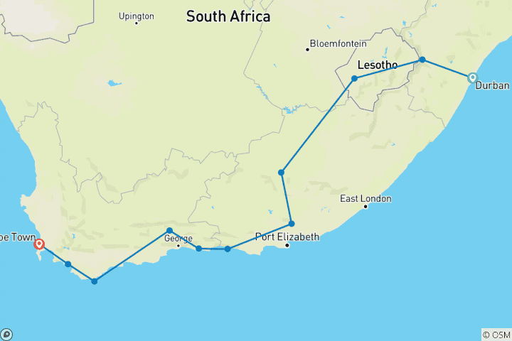 Carte du circuit Durban, Lesotho et Le Cap - avec hébergement - 12 jours