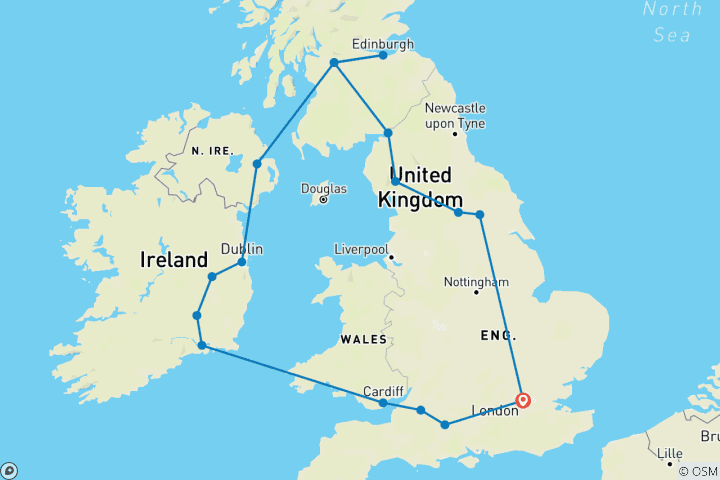 Kaart van Hoogtepunten van Groot-Brittannië en Ierland (geen overnachtingen in Londen)