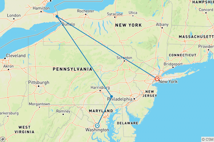 Mapa de La Gran Manzana Niágara y Washington - 8 días