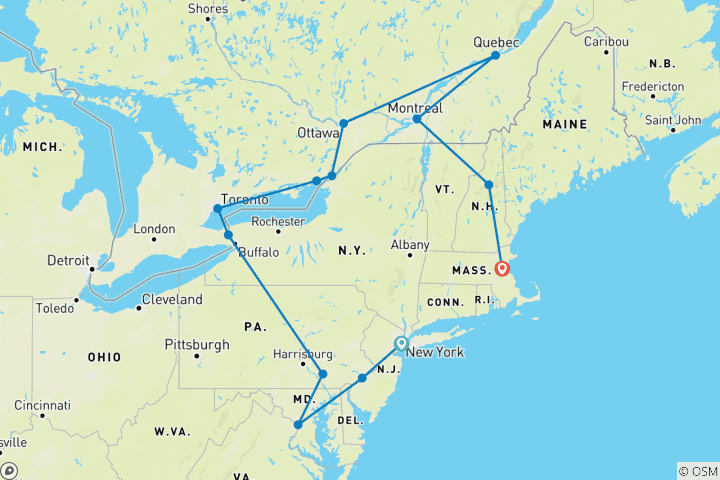 Carte du circuit Paysages de l'est du Canada et des États-Unis - 15 jours